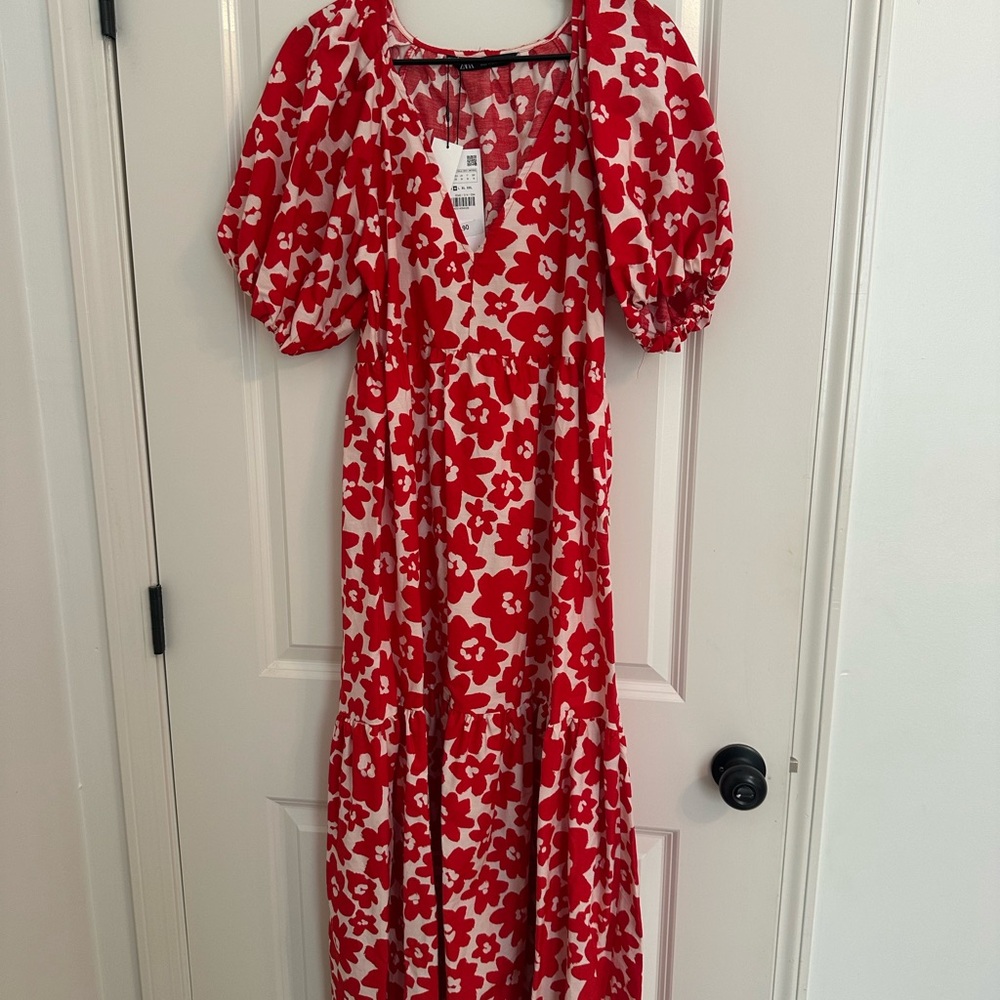 Red Floral Maxi Dress with Puff Sleeves